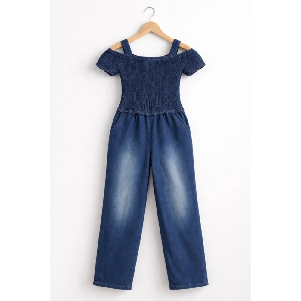 Chillipop Girls 4T Denim Jumpsuit 💙 Smocked Top Wide Leg Cute Outfit